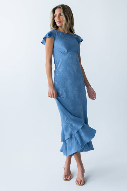Women's Flutter Sleeve Tiered Ruffle Maxi Dress - Blue Floral