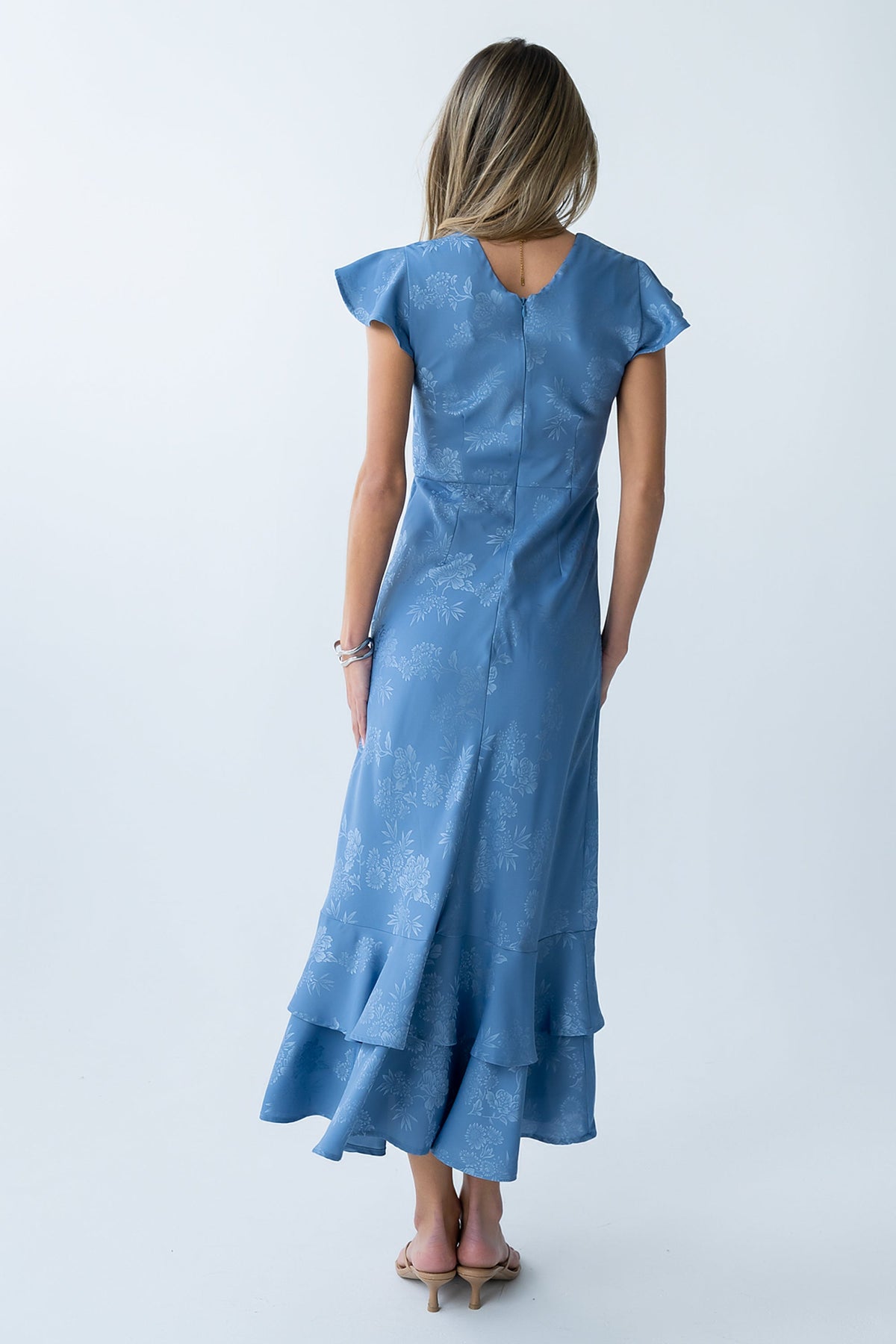 Women's Flutter Sleeve Tiered Ruffle Maxi Dress - Blue Floral