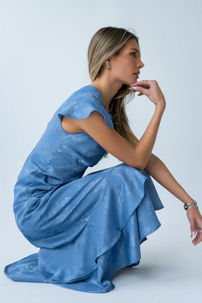 Women's Flutter Sleeve Tiered Ruffle Maxi Dress - Blue Floral