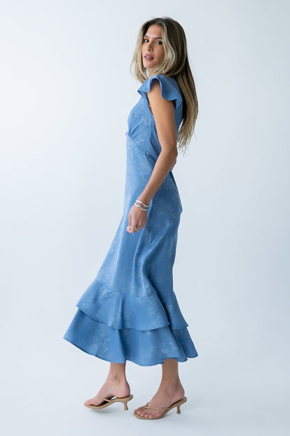 Women's Flutter Sleeve Tiered Ruffle Maxi Dress - Blue Floral