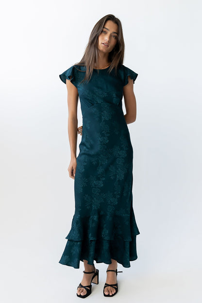 Women's Flutter Sleeve Tiered Ruffle Maxi Dress - Deep Teal