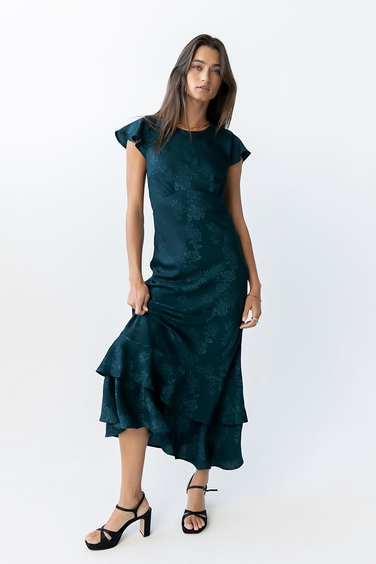 Women's Flutter Sleeve Tiered Ruffle Maxi Dress - Deep Teal