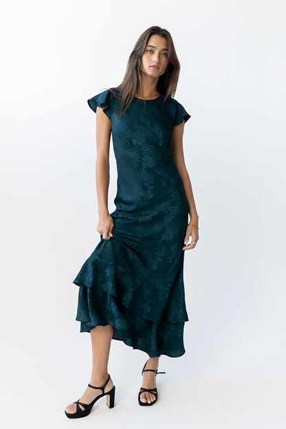 Women's Flutter Sleeve Tiered Ruffle Maxi Dress - Deep Teal