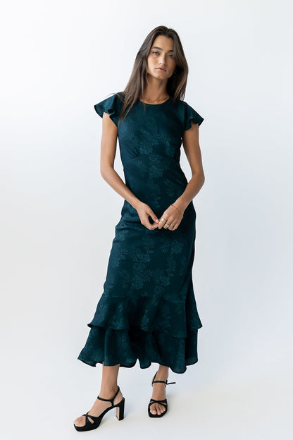 Women's Flutter Sleeve Tiered Ruffle Maxi Dress - Deep Teal