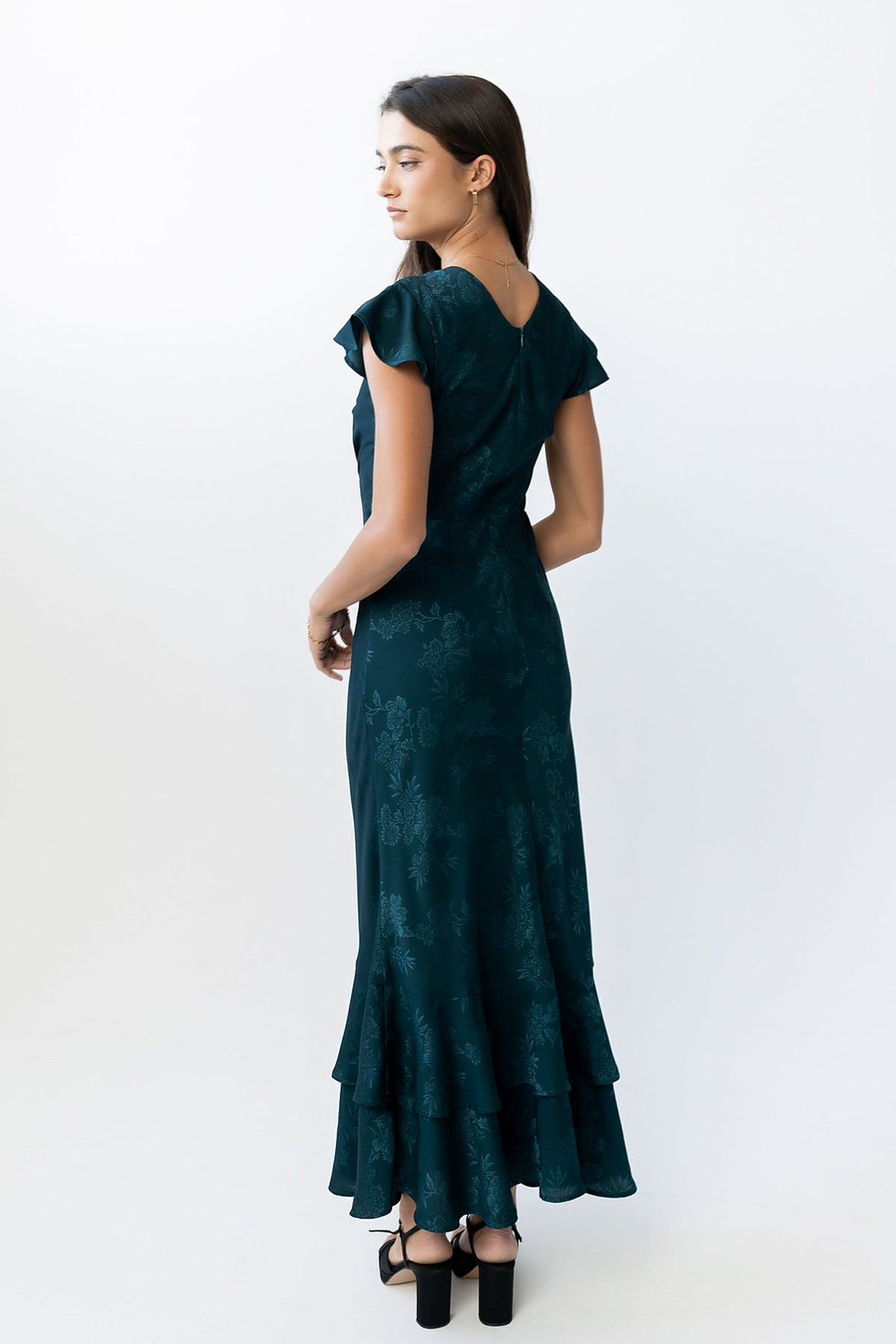 Women's Flutter Sleeve Tiered Ruffle Maxi Dress - Deep Teal