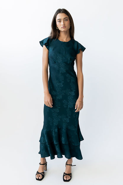 Women's Flutter Sleeve Tiered Ruffle Maxi Dress - Deep Teal
