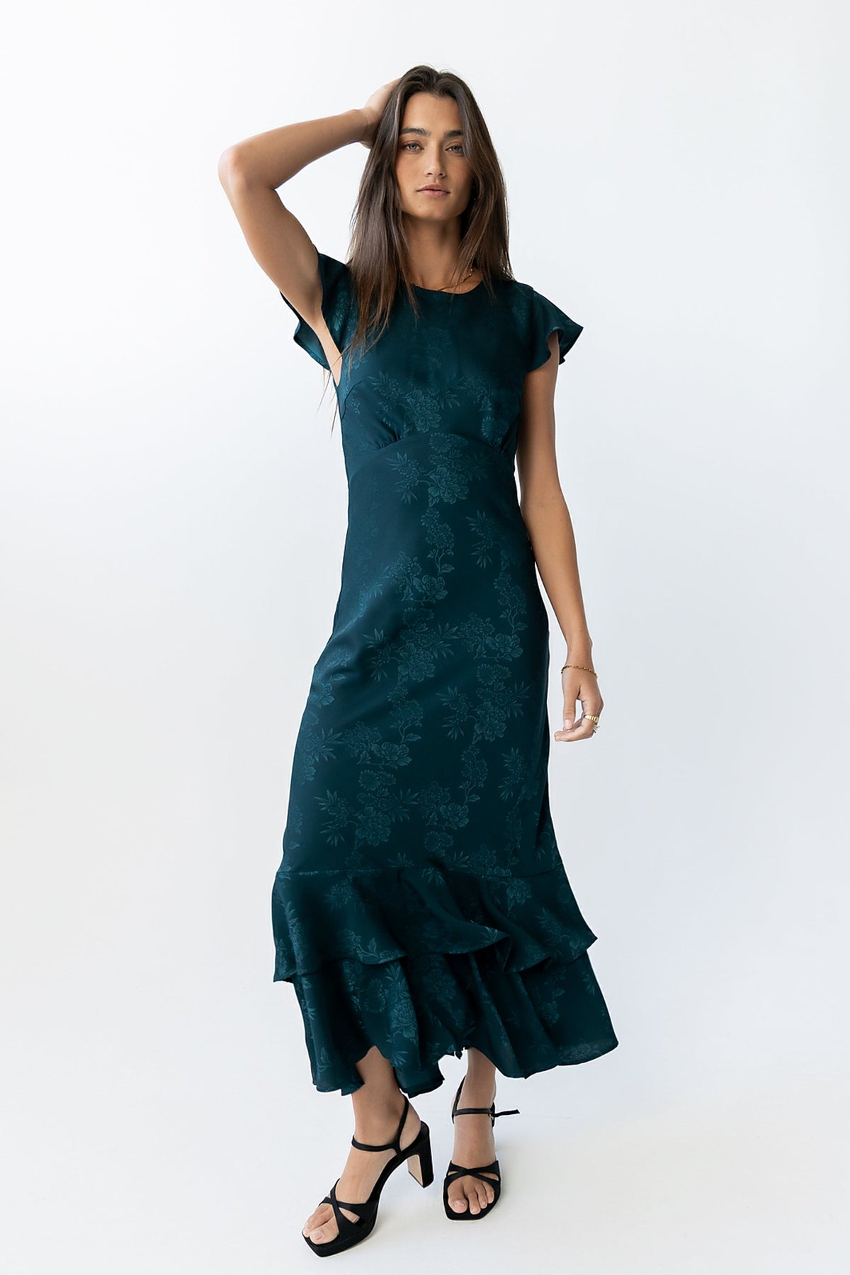 Women's Flutter Sleeve Tiered Ruffle Maxi Dress - Deep Teal
