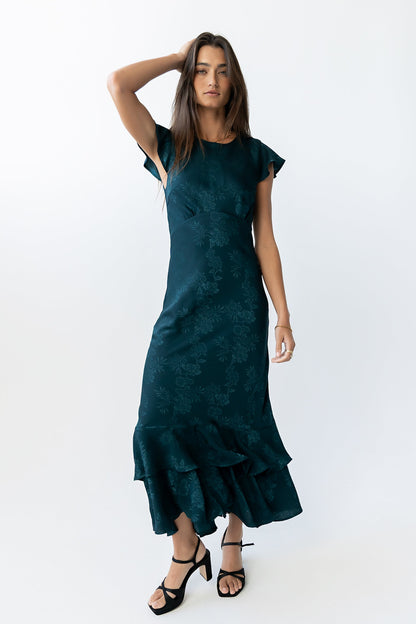 Women's Flutter Sleeve Tiered Ruffle Maxi Dress - Deep Teal