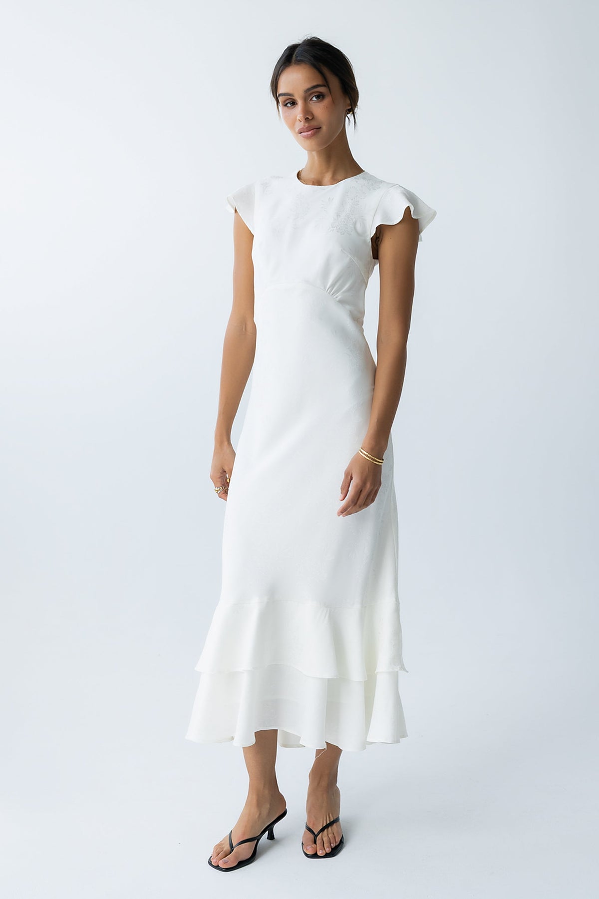 Women's Flutter Sleeve Tiered Ruffle Maxi Dress - Ivory