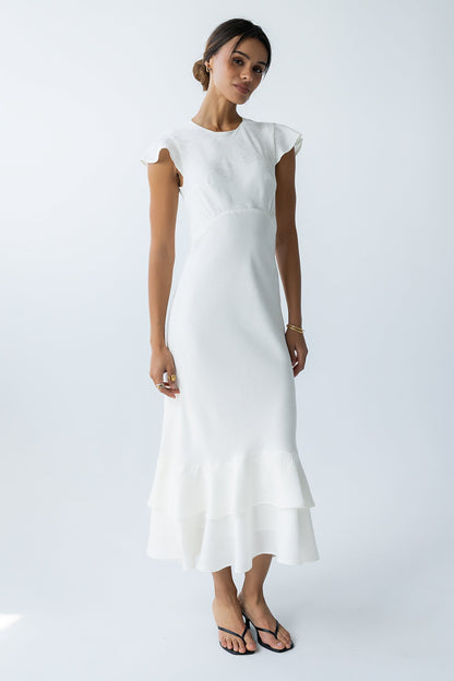 Women's Flutter Sleeve Tiered Ruffle Maxi Dress - Ivory