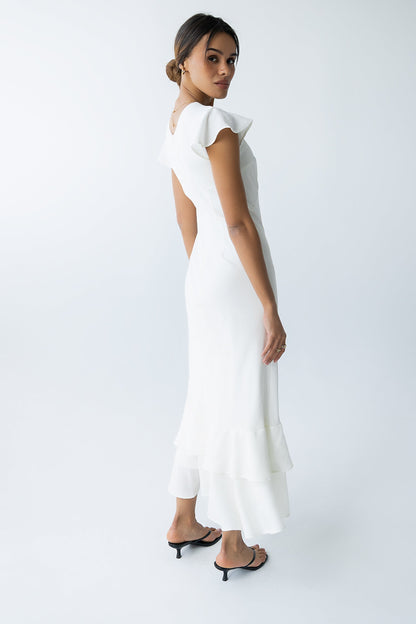 Women's Flutter Sleeve Tiered Ruffle Maxi Dress - Ivory