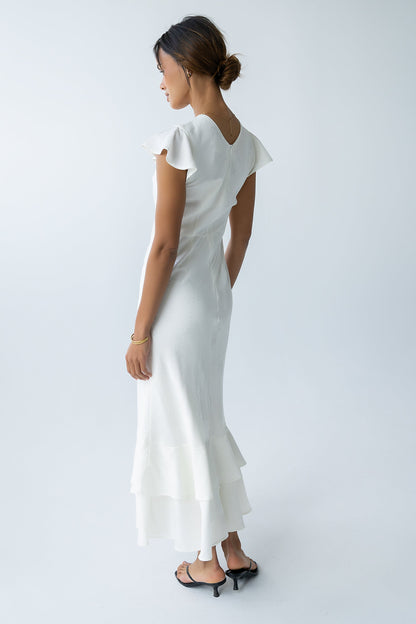 Women's Flutter Sleeve Tiered Ruffle Maxi Dress - Ivory