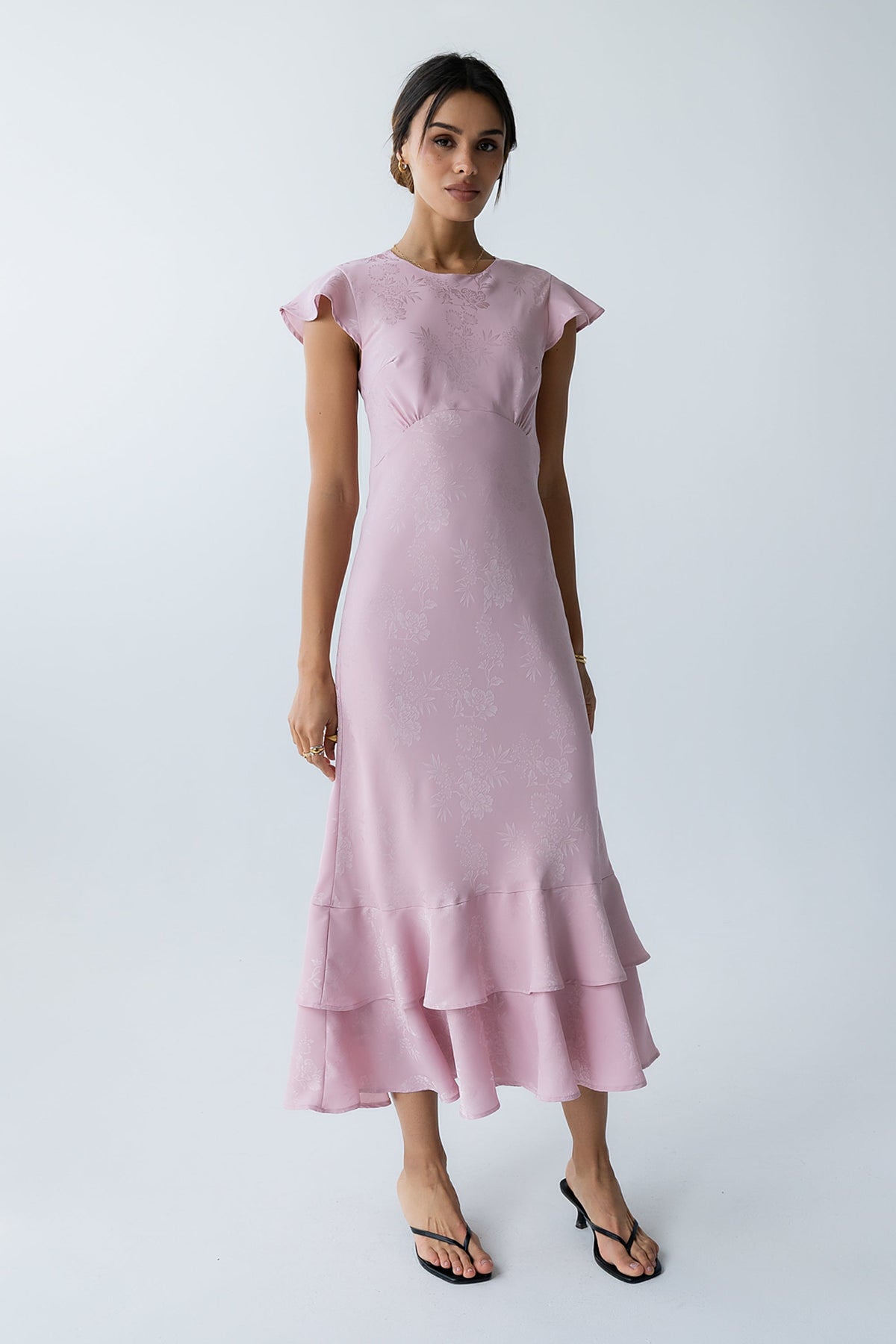 Women's Flutter Sleeve Tiered Ruffle Maxi Dress - Pink