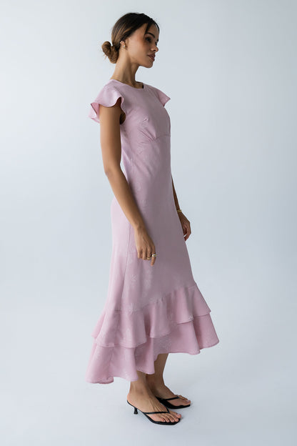 Women's Flutter Sleeve Tiered Ruffle Maxi Dress - Pink