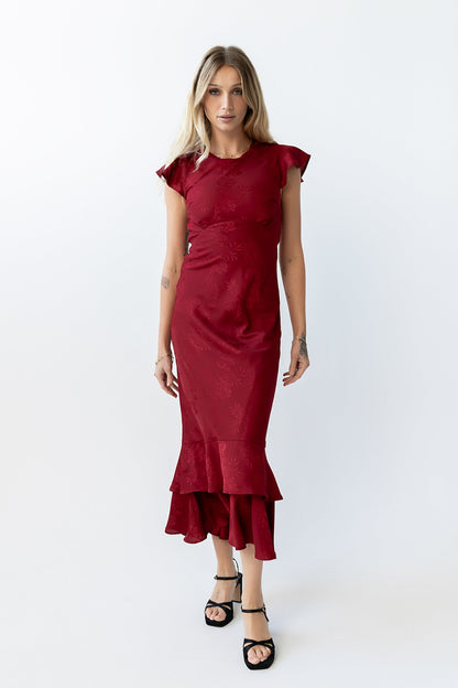 Women's Flutter Sleeve Tiered Ruffle Maxi Dress - Red