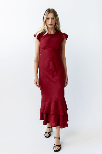 Women's Flutter Sleeve Tiered Ruffle Maxi Dress - Red