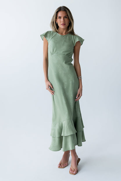 Women's Flutter Sleeve Tiered Ruffle Maxi Dress - Sage Green