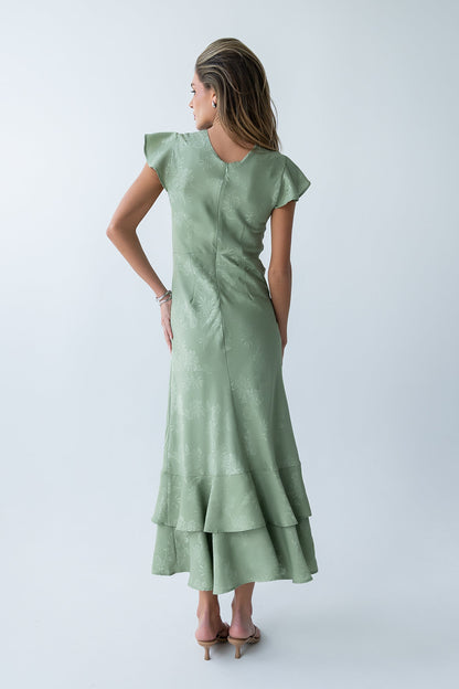 Women's Flutter Sleeve Tiered Ruffle Maxi Dress - Sage Green
