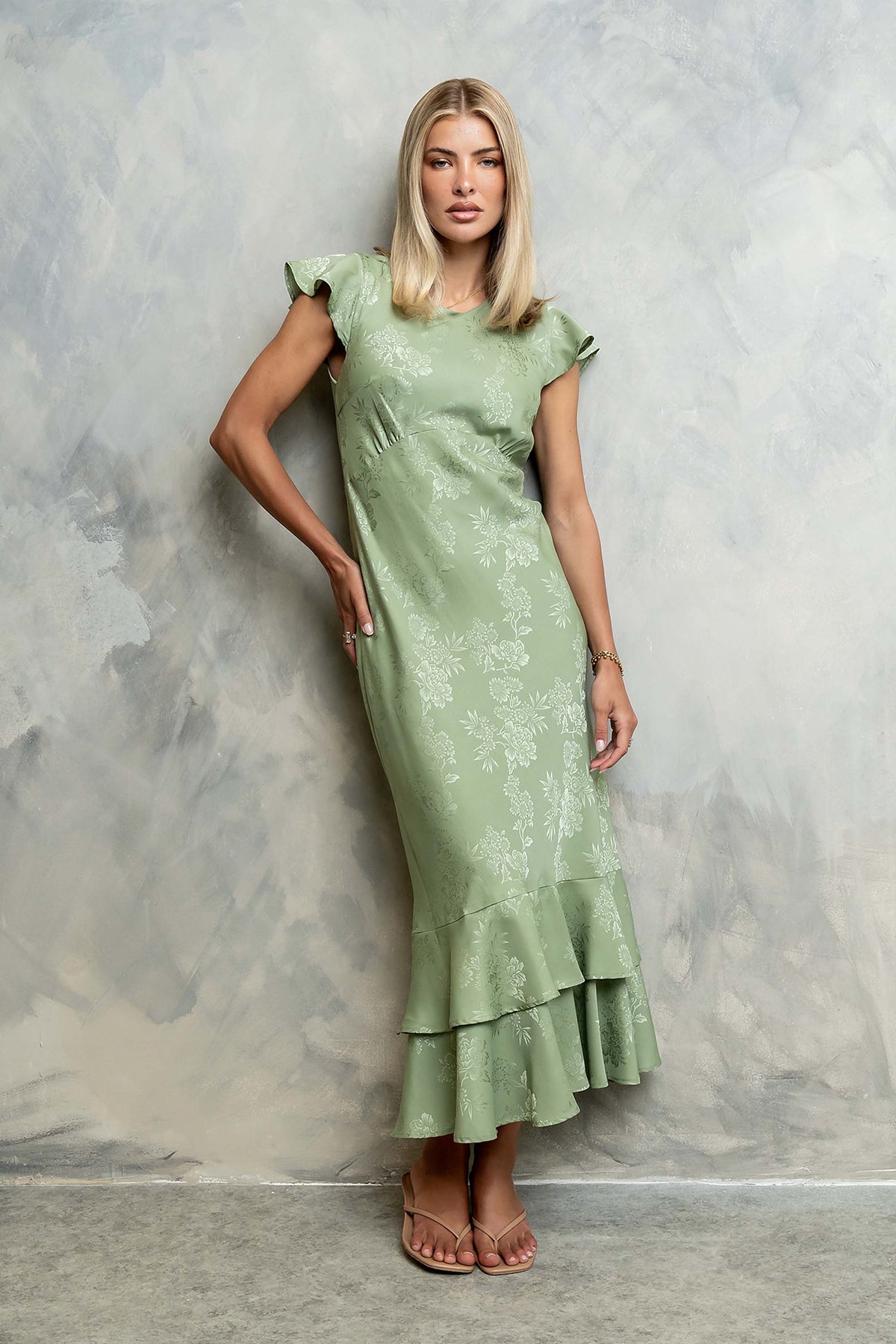 Women's Flutter Sleeve Tiered Ruffle Maxi Dress - Sage Green