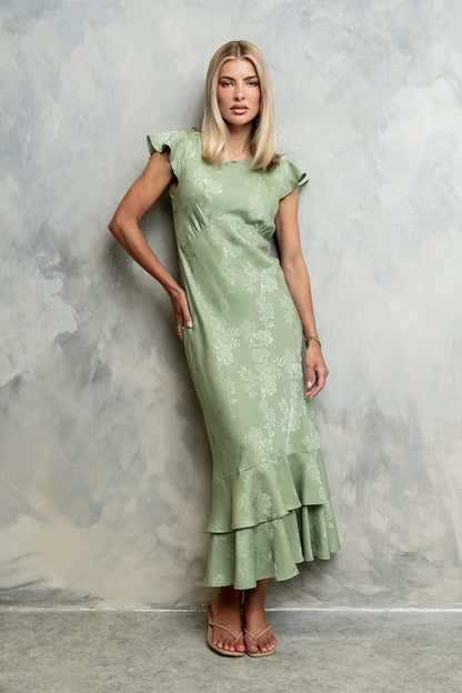 Women's Flutter Sleeve Tiered Ruffle Maxi Dress - Sage Green