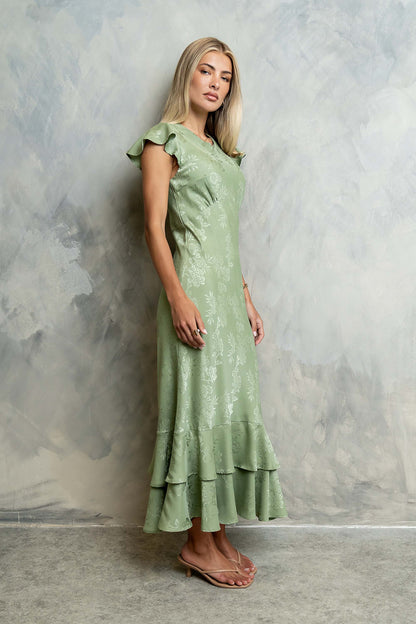 Women's Flutter Sleeve Tiered Ruffle Maxi Dress - Sage Green