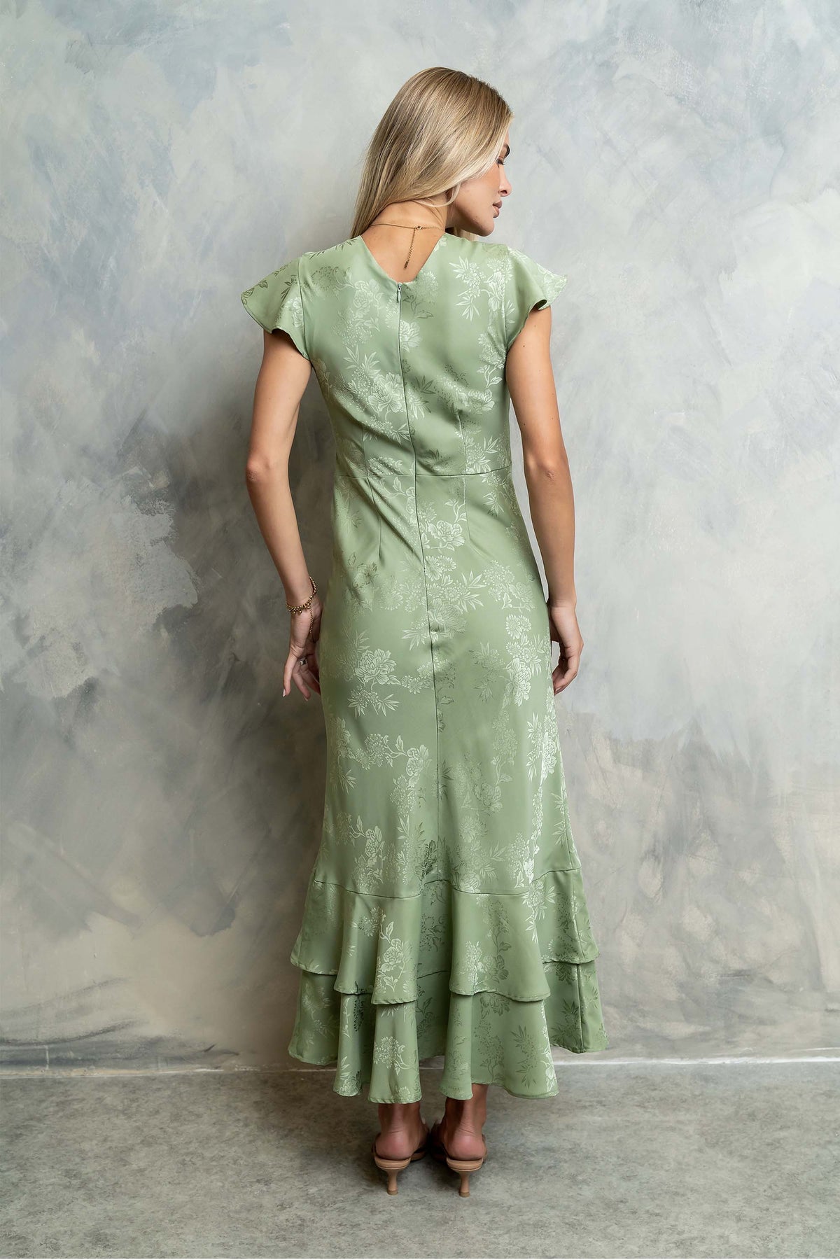 Women's Flutter Sleeve Tiered Ruffle Maxi Dress - Sage Green