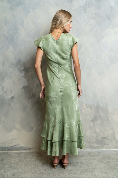 Women's Flutter Sleeve Tiered Ruffle Maxi Dress - Sage Green