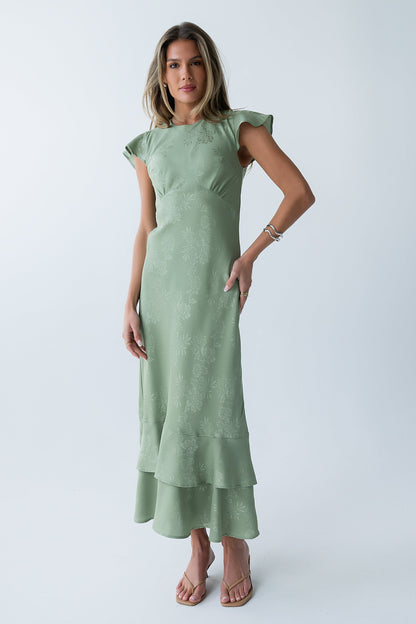 Women's Flutter Sleeve Tiered Ruffle Maxi Dress - Sage Green