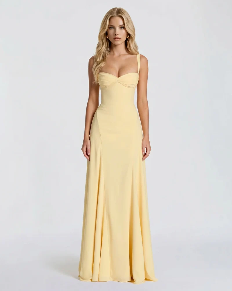 Women's Formal Corset Dress in Maxi Length - Butter Yellow