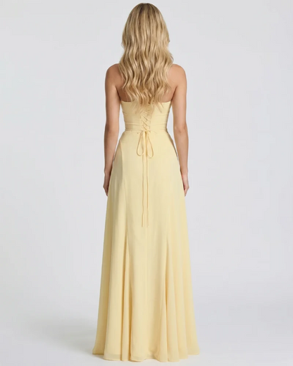 Women's Formal Corset Dress in Maxi Length - Butter Yellow