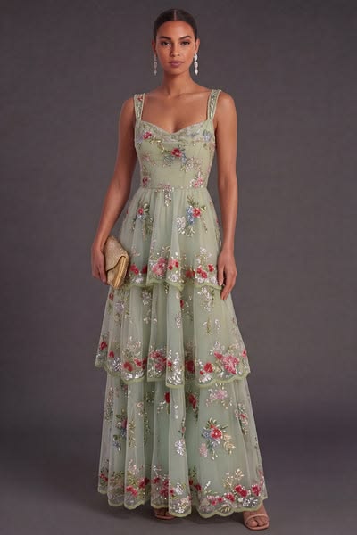 Women's Formal Floor-Length Floral Sequin A-Line Dress - Sage Floral