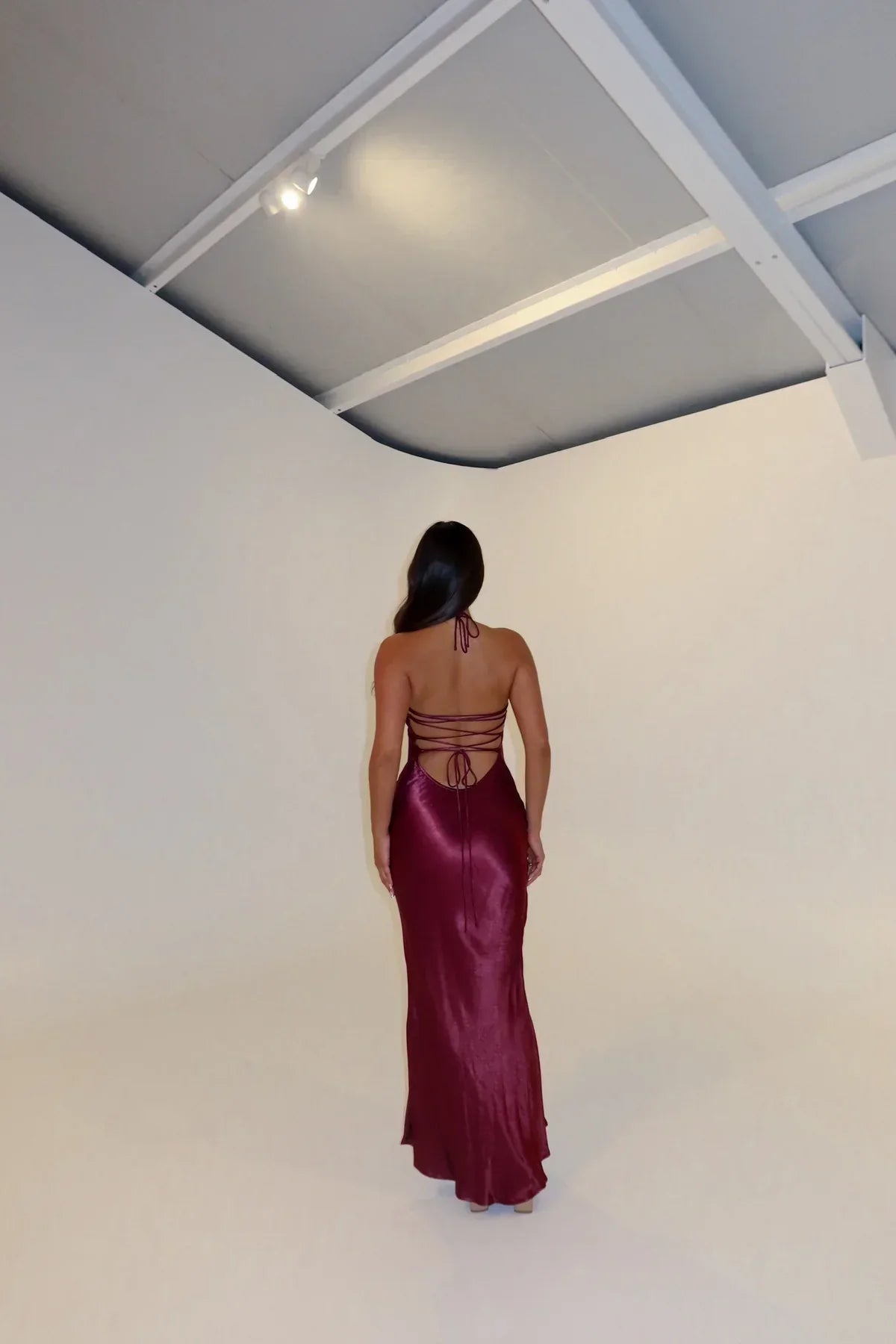 Women's Formal Halter Cowl Neck Open Back Maxi Dress - Burgundy