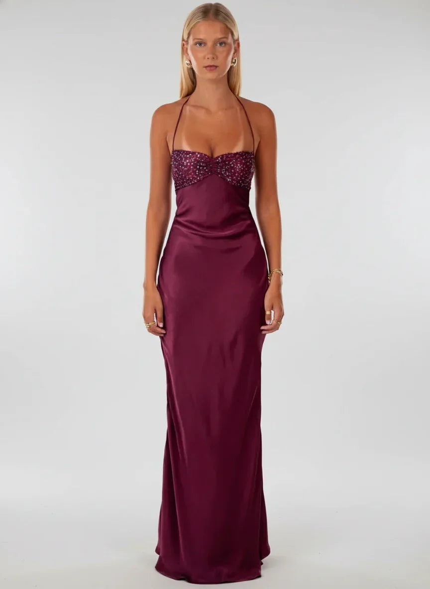 Women's Formal Halter Cowl Neck Open Back Maxi Dress - Burgundy