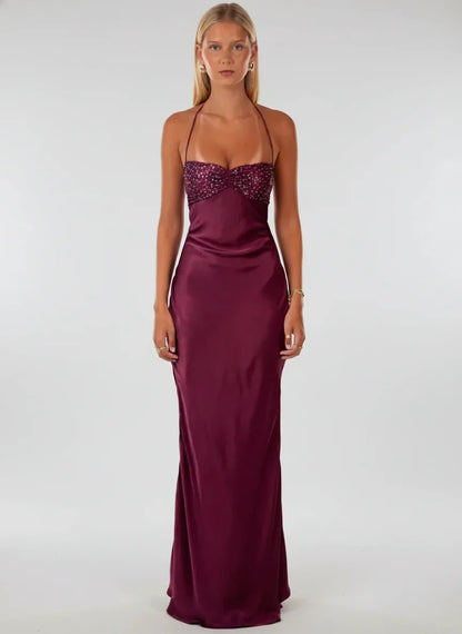 Women's Formal Halter Cowl Neck Open Back Maxi Dress - Burgundy