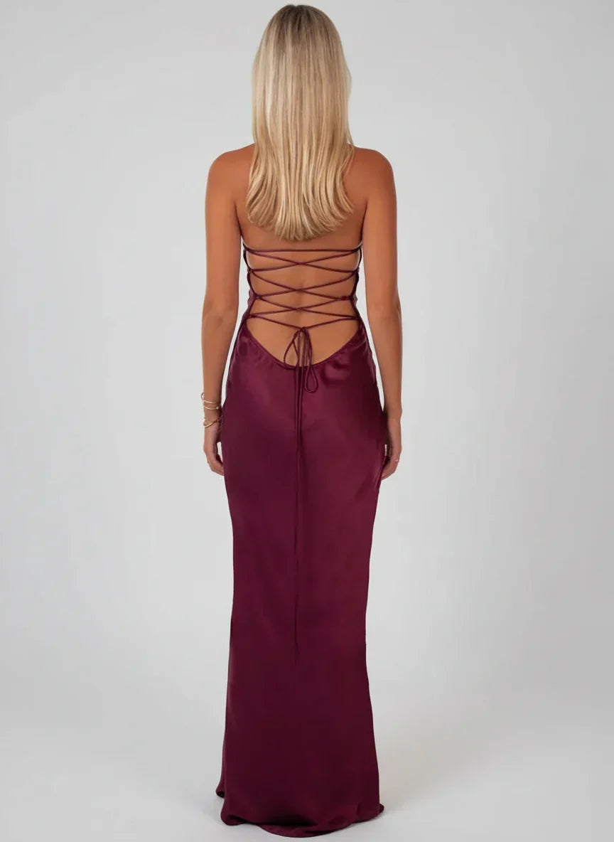Women's Formal Halter Cowl Neck Open Back Maxi Dress - Burgundy