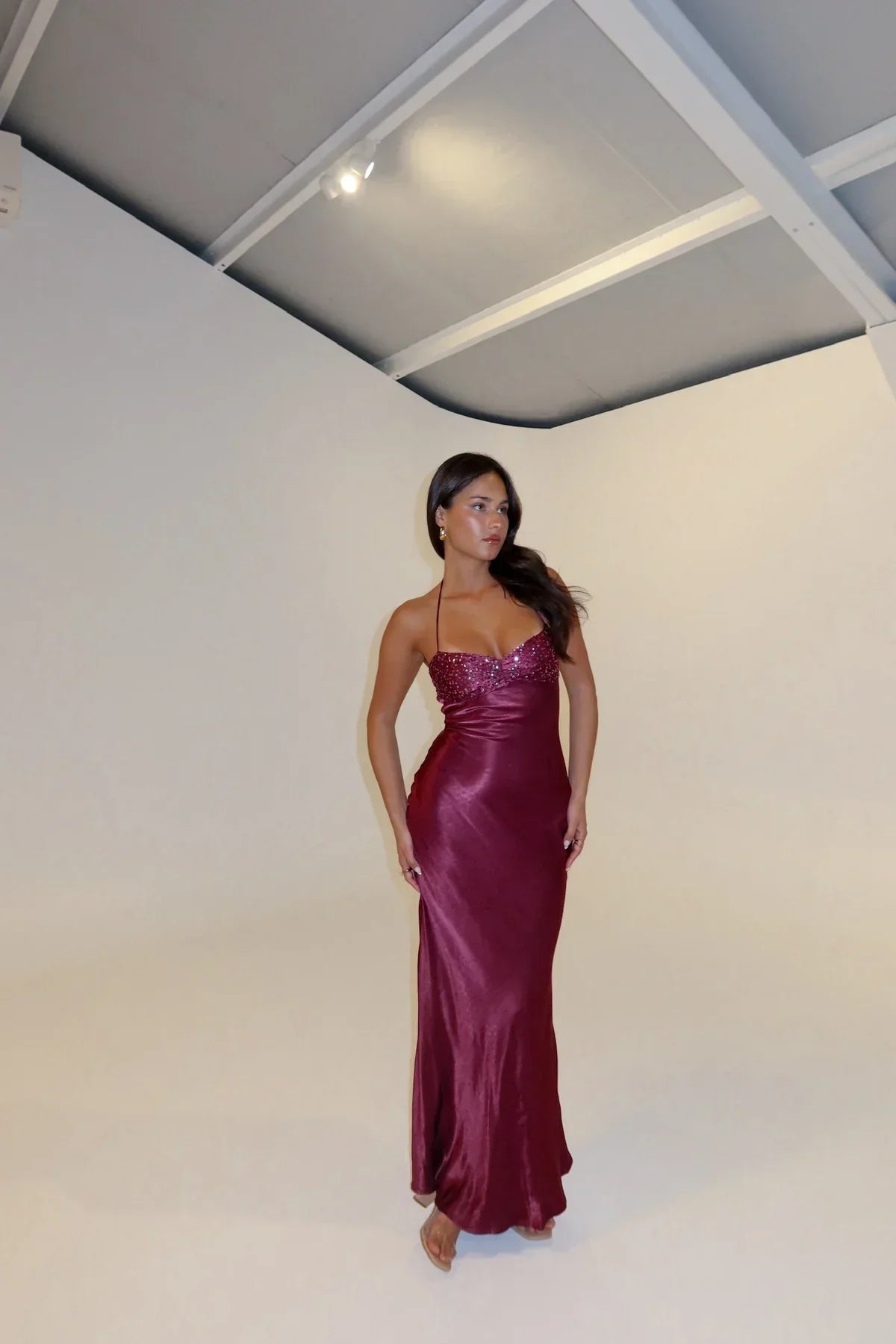 Women's Formal Halter Cowl Neck Open Back Maxi Dress - Burgundy