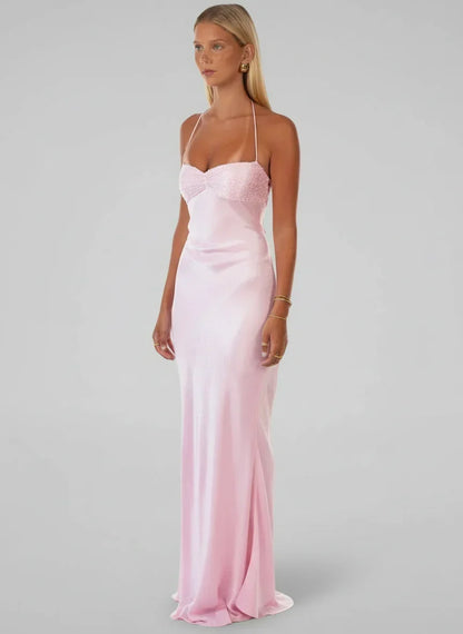 Women's Formal Halter Cowl Neck Open Back Maxi Dress - Light Pink