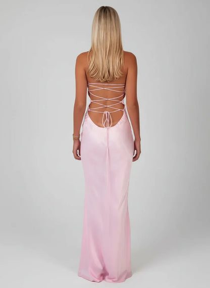Women's Formal Halter Cowl Neck Open Back Maxi Dress - Light Pink