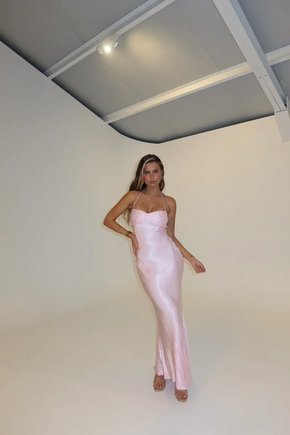 Women's Formal Halter Cowl Neck Open Back Maxi Dress - Light Pink