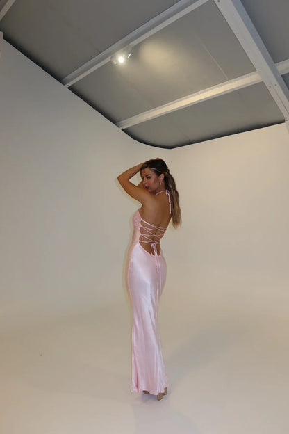 Women's Formal Halter Cowl Neck Open Back Maxi Dress - Light Pink