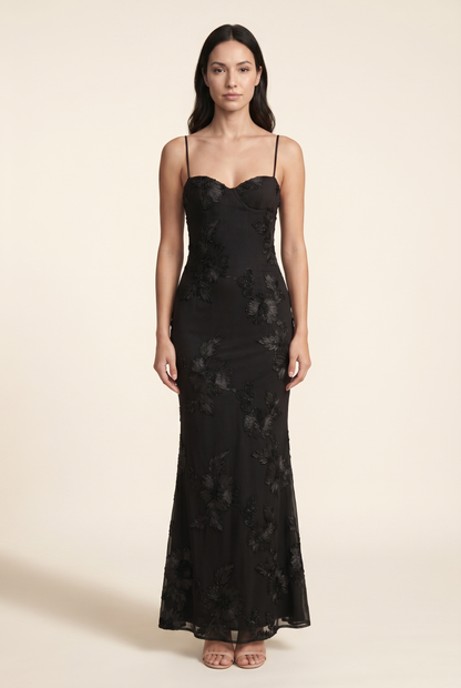 Women's Formal Maxi Dress with Lace-Up Back - Black