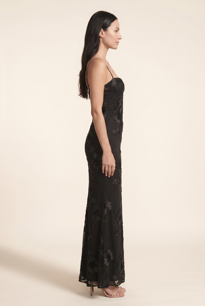 Women's Formal Maxi Dress with Lace-Up Back - Black