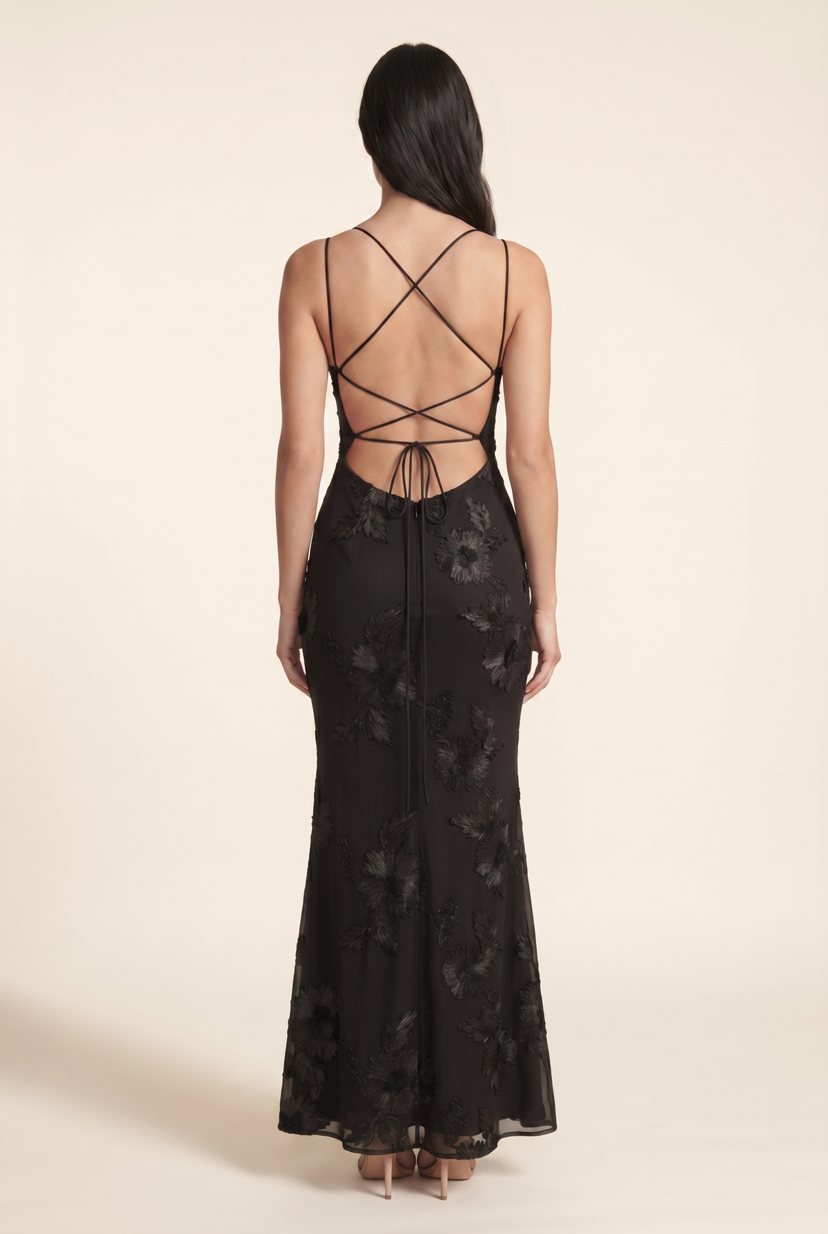 Women's Formal Maxi Dress with Lace-Up Back - Black