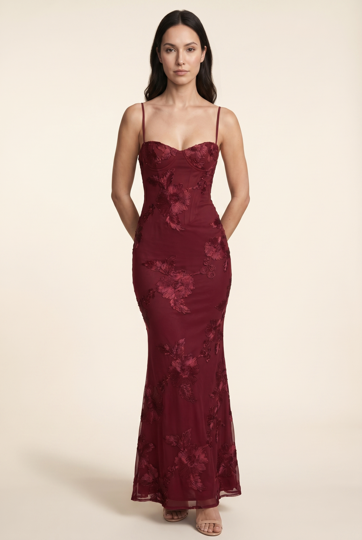 Women's Formal Maxi Dress with Lace-Up Back - Burgundy