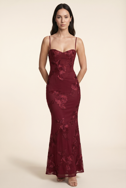 Women's Formal Maxi Dress with Lace-Up Back - Burgundy