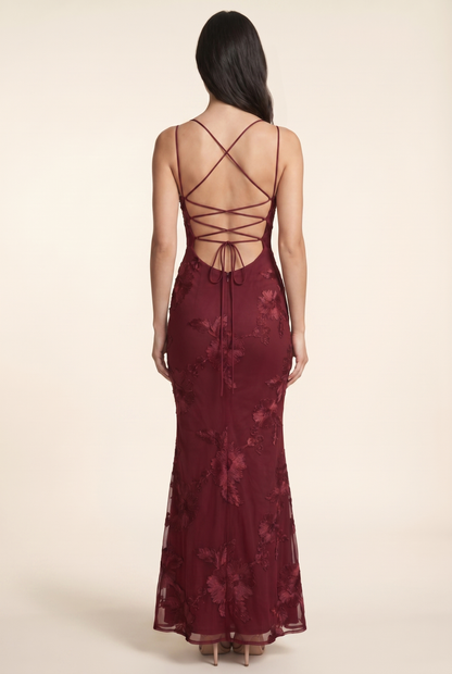 Women's Formal Maxi Dress with Lace-Up Back - Burgundy