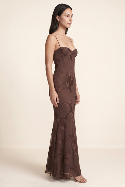 Women's Formal Maxi Dress with Lace-Up Back - Chocolate Brown