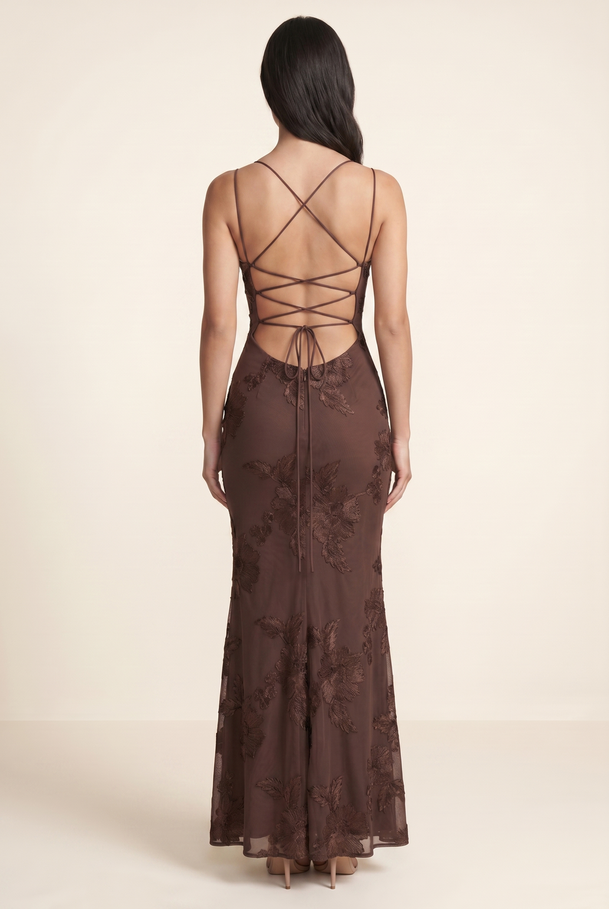 Women's Formal Maxi Dress with Lace-Up Back - Chocolate Brown