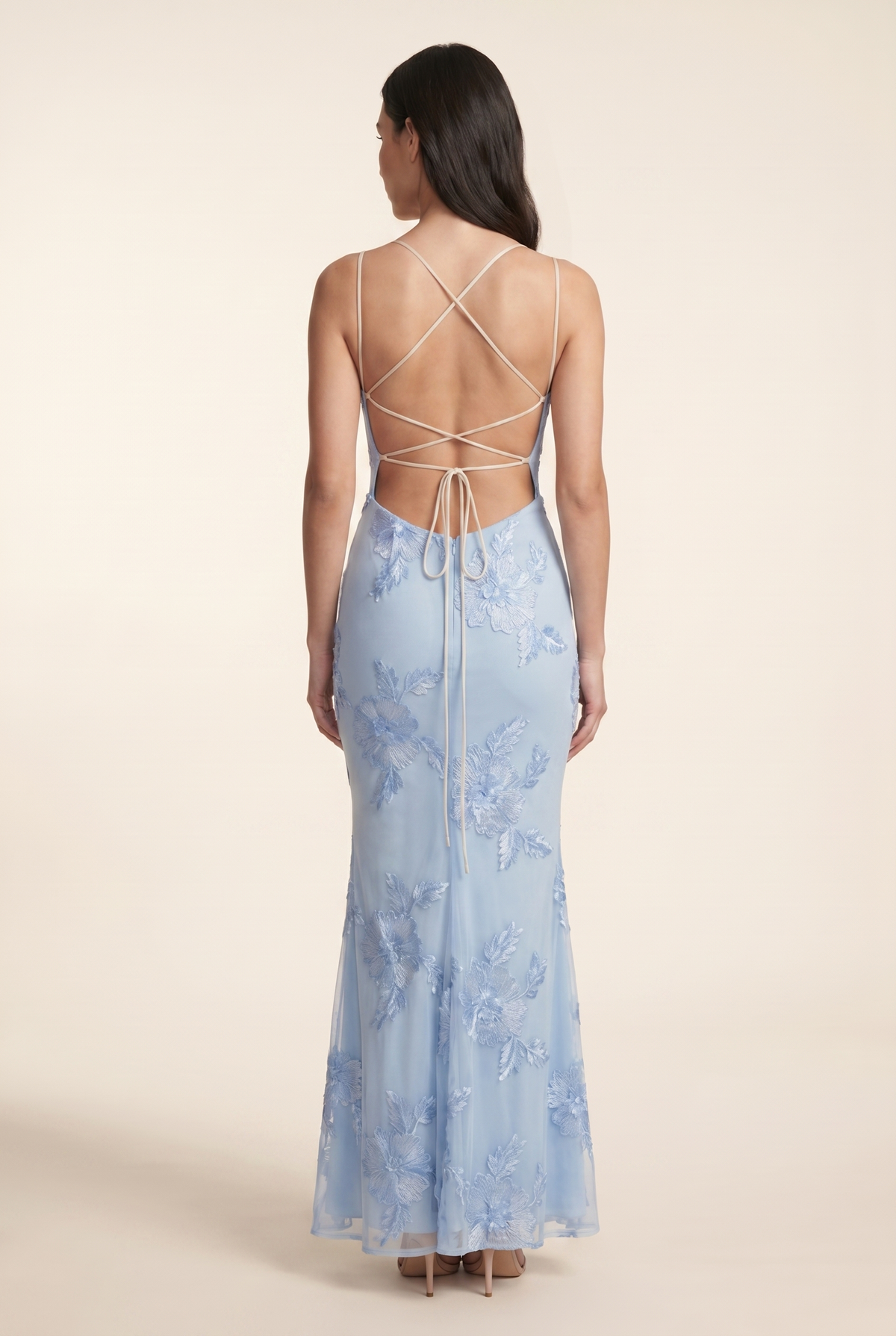 Women's Formal Maxi Dress with Lace-Up Back - Glacier Blue