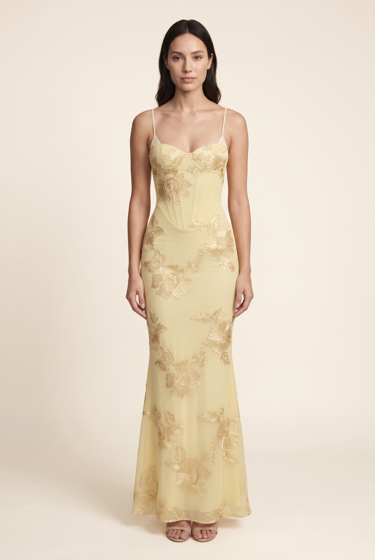 Women's Formal Maxi Dress with Lace-Up Back - Lemon